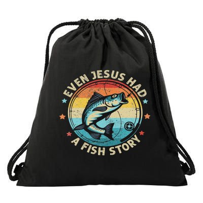 Even Jesus Has A Fish Story Christian Fisherman Funny Retro Drawstring Bag
