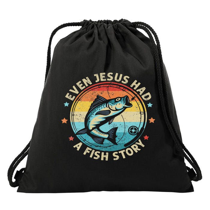 Even Jesus Has A Fish Story Christian Fisherman Funny Retro Drawstring Bag