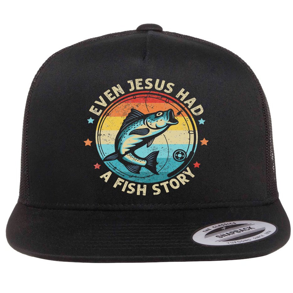 Even Jesus Has A Fish Story Christian Fisherman Funny Retro Flat Bill Trucker Hat