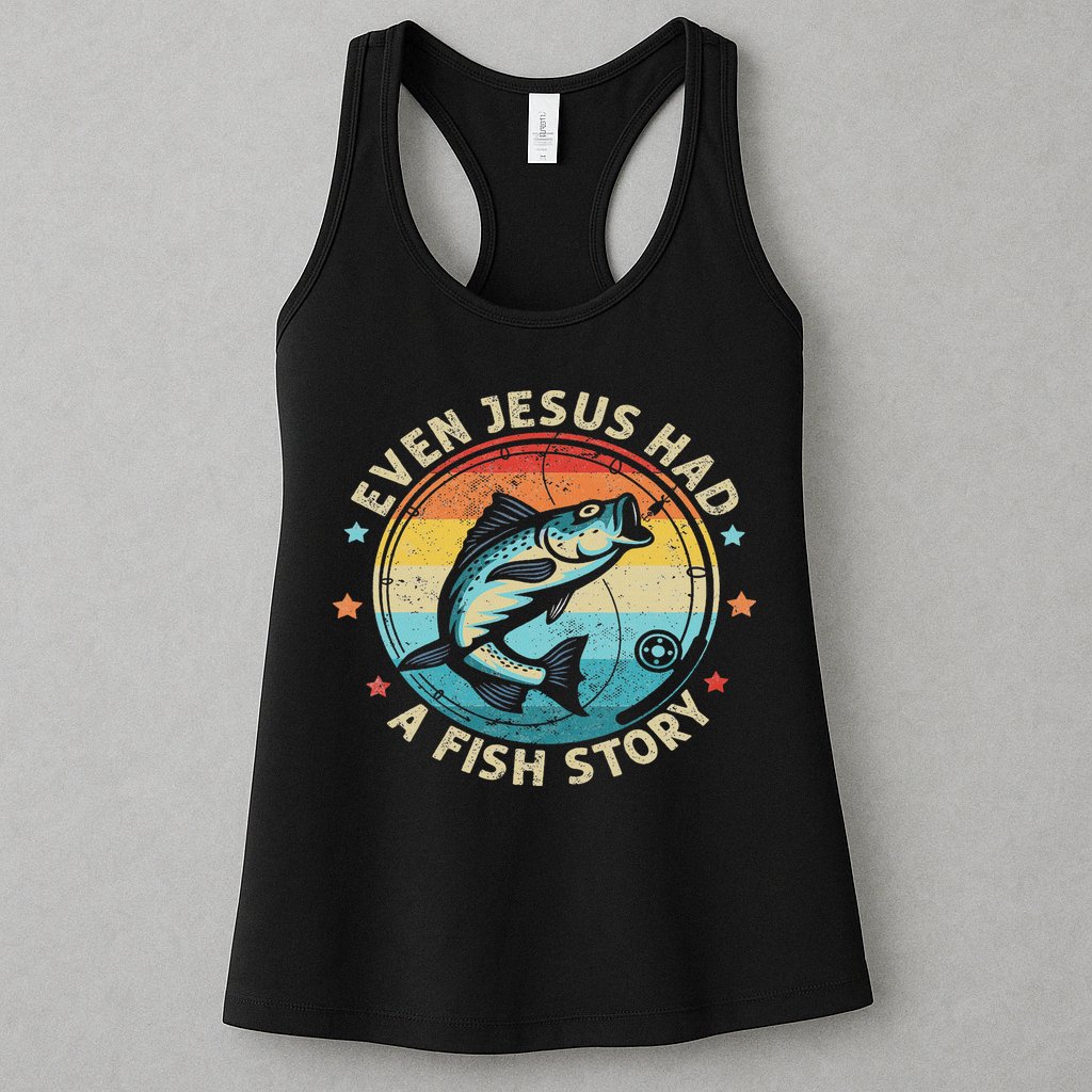 Even Jesus Has A Fish Story Christian Fisherman Funny Retro Womens Tank Top