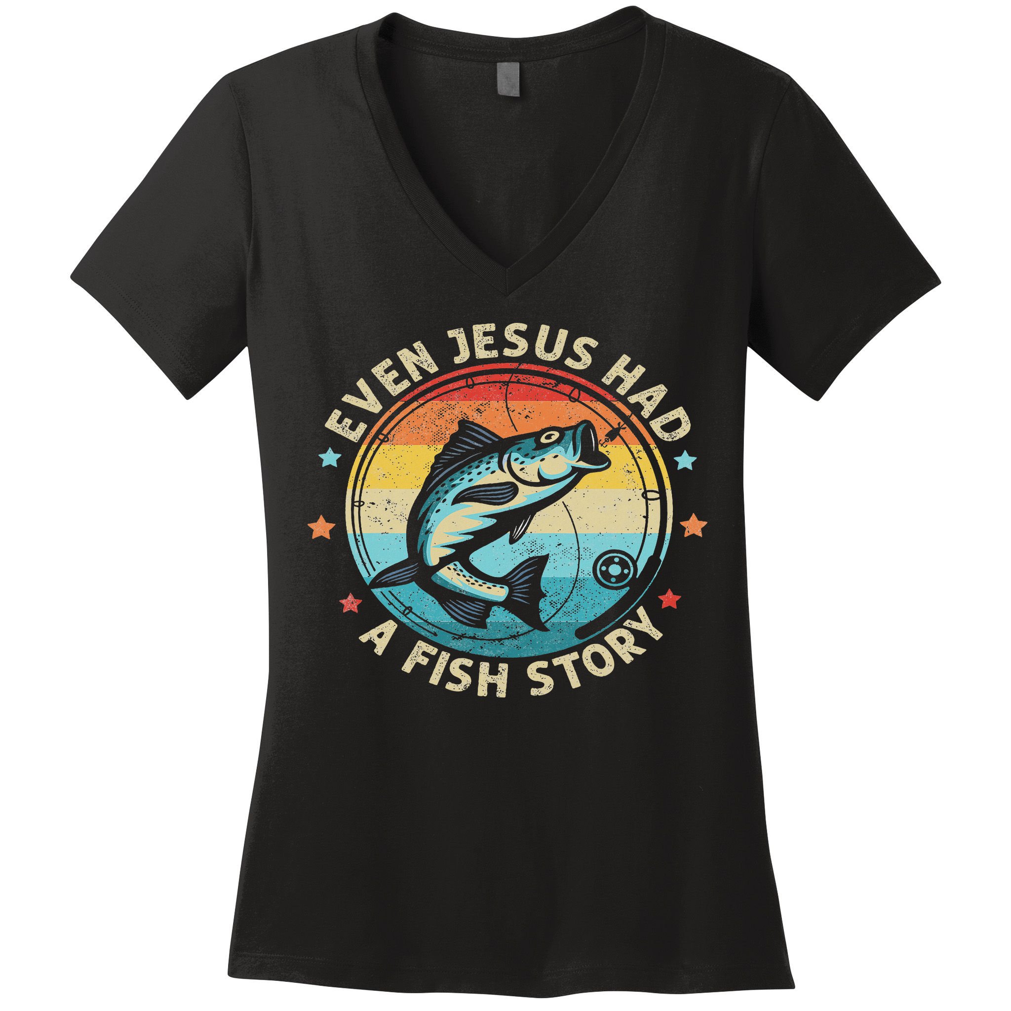 Even Jesus Has A Fish Story Christian Fisherman Funny Retro Women's V-Neck T-Shirt