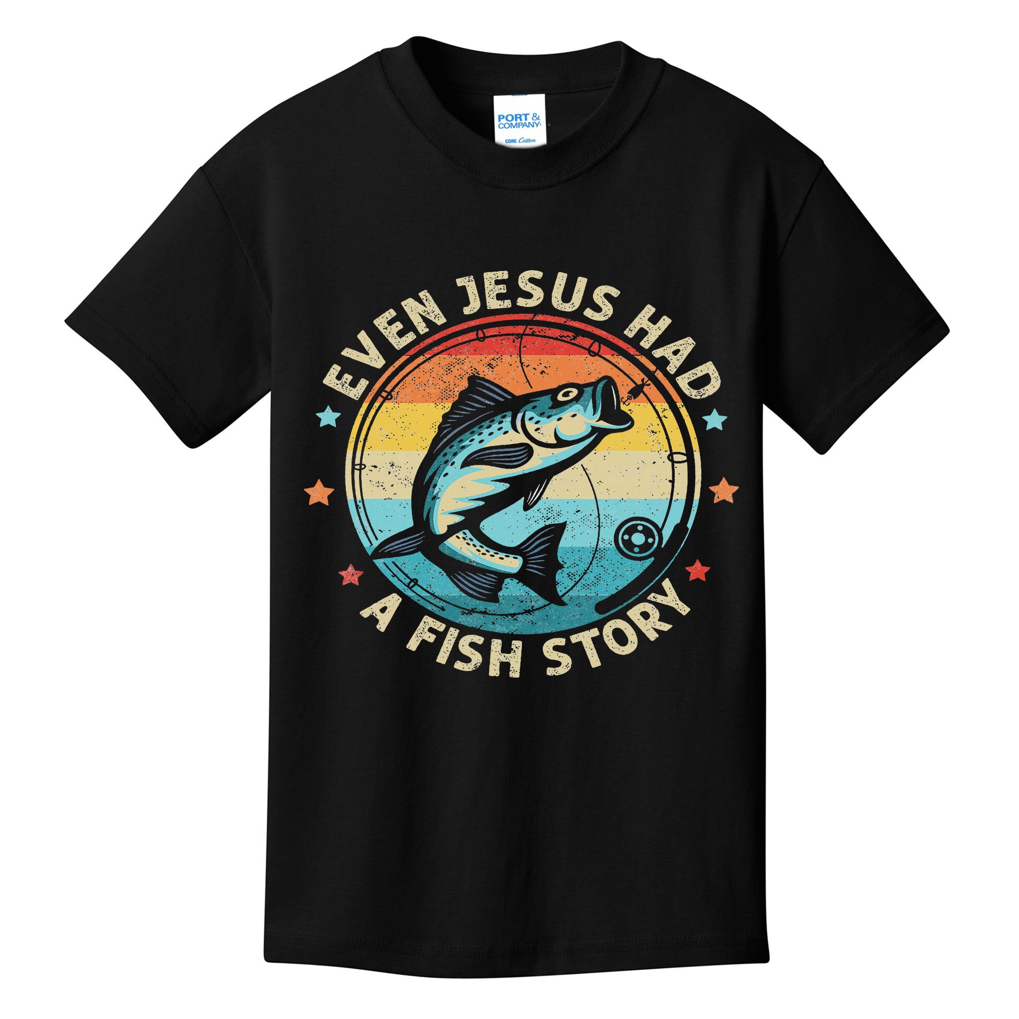 Even Jesus Has A Fish Story Christian Fisherman Funny Retro Kids T-Shirt