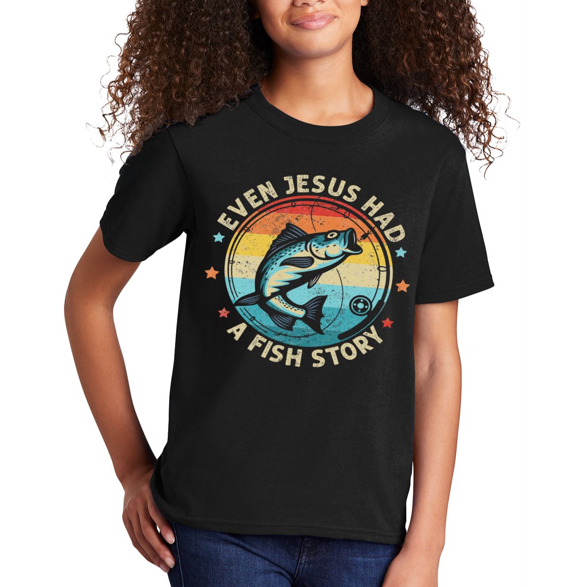 Even Jesus Has A Fish Story Christian Fisherman Funny Retro Kids T-Shirt