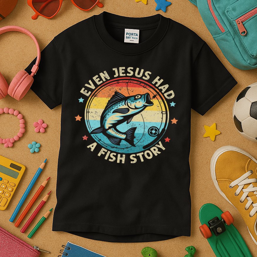 Even Jesus Has A Fish Story Christian Fisherman Funny Retro Kids T-Shirt