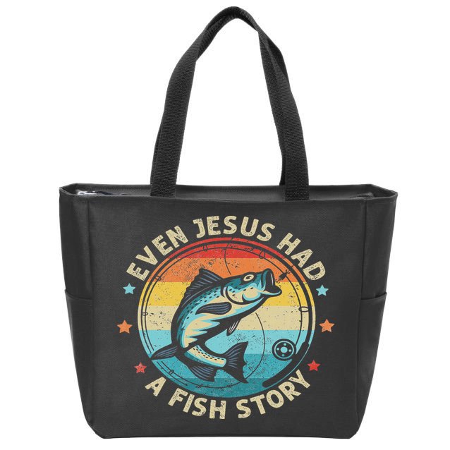 Even Jesus Has A Fish Story Christian Fisherman Funny Retro Zip Tote Bag