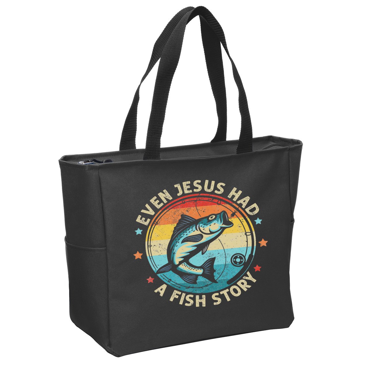 Even Jesus Has A Fish Story Christian Fisherman Funny Retro Zip Tote Bag