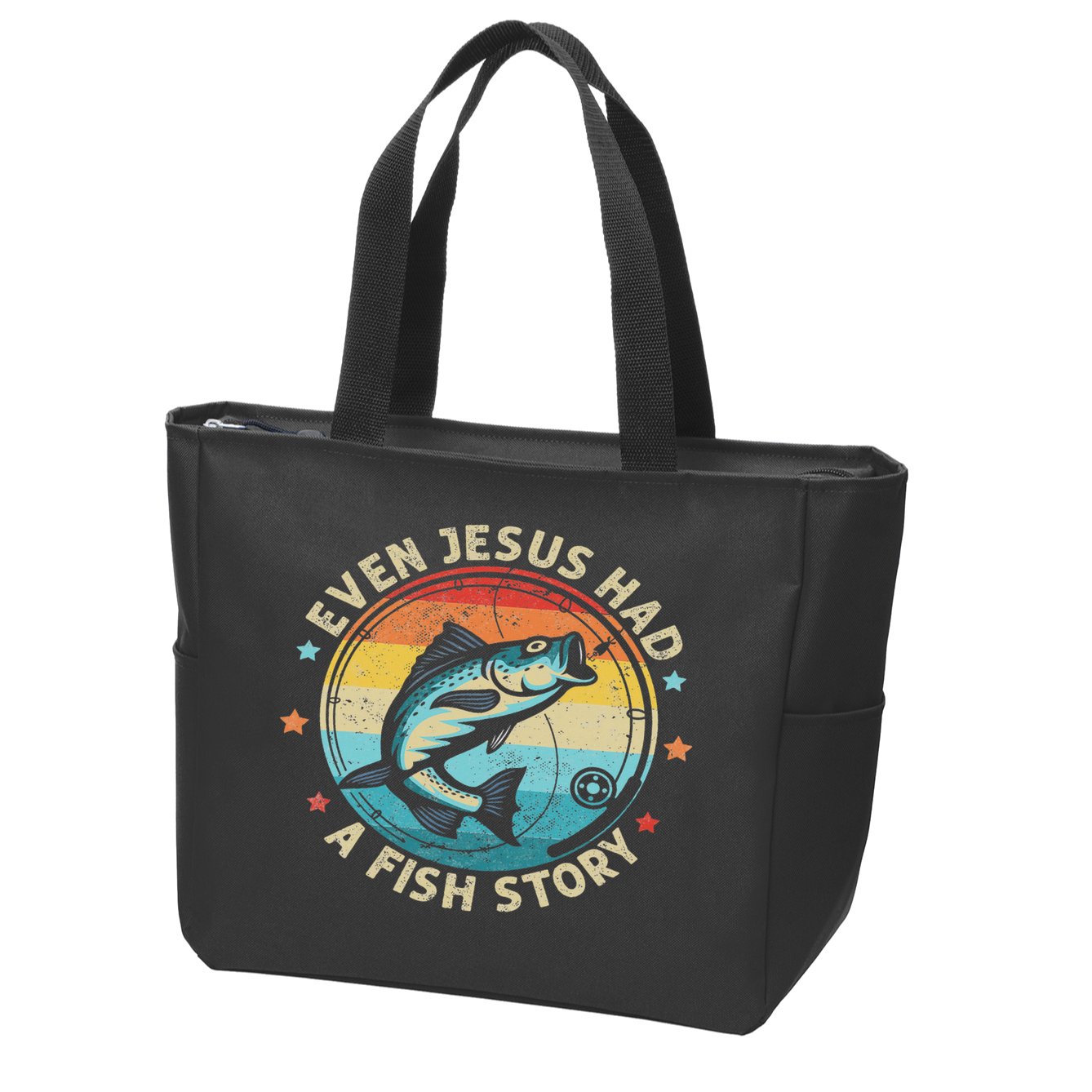Even Jesus Has A Fish Story Christian Fisherman Funny Retro Zip Tote Bag