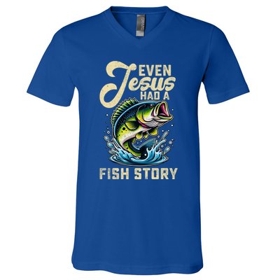 Even Jesus Had A Fish Story Funny Fisher Fishing Bass Gift V-Neck T-Shirt