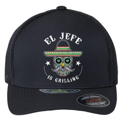 El Jefe Is Grilling Stand Back Funny Mexican Dad Jefe Flexfit Unipanel Trucker Cap