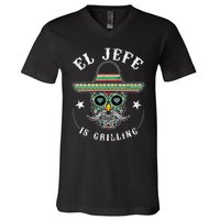 El Jefe Is Grilling Stand Back Funny Mexican Dad Jefe V-Neck T-Shirt