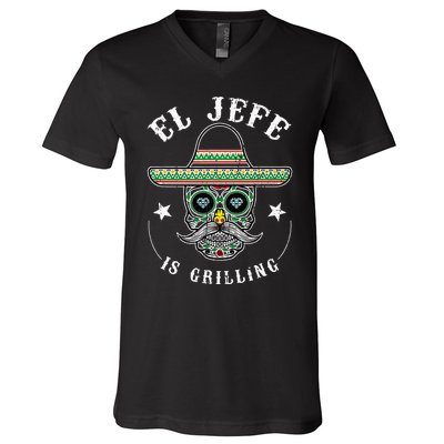 El Jefe Is Grilling Stand Back Funny Mexican Dad Jefe V-Neck T-Shirt