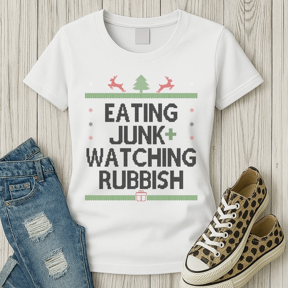 Eating Junk Watching Rubbish Funny Christmas Womens T-Shirt