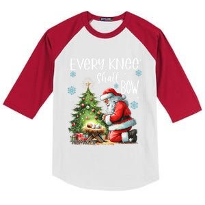 Every Knee Shall Bow Santa Christmas Nativity Scene Xmas Great Gift Kids Colorblock Raglan Jersey