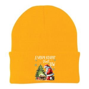 Every Knee Shall Bow Santa Christmas Nativity Scene Xmas Knit Cap Winter Beanie