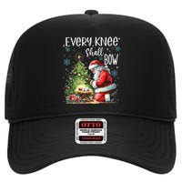 Every Knee Shall Bow Santa Christmas Nativity Scene Xmas High Crown Mesh Back Trucker Hat