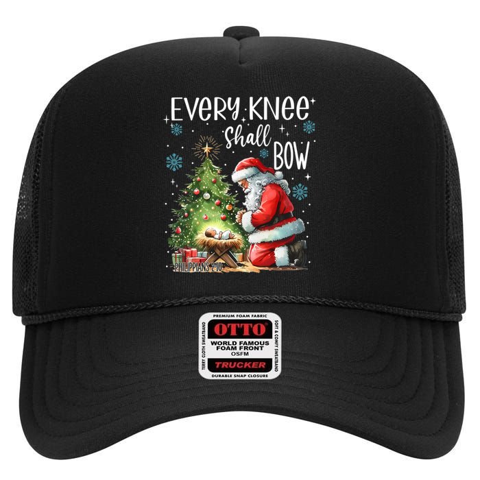 Every Knee Shall Bow Santa Christmas Nativity Scene Xmas High Crown Mesh Back Trucker Hat