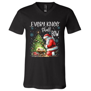 Every Knee Shall Bow Santa Christmas Nativity Scene Xmas V-Neck T-Shirt