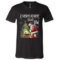 Every Knee Shall Bow Santa Christmas Nativity Scene Xmas V-Neck T-Shirt