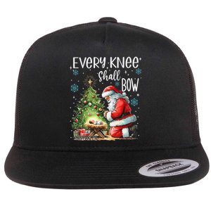 Every Knee Shall Bow Santa Christmas Nativity Scene Xmas Flat Bill Trucker Hat