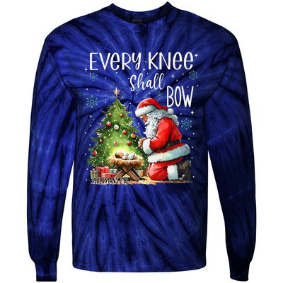 Every Knee Shall Bow Santa Christmas Nativity Scene Xmas Tie-Dye Long Sleeve Shirt