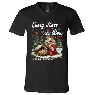 Every Knee Shall Bow Christian Christmas V-Neck T-Shirt