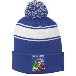 Every Knee Shall Bow Jesus Kneeling Santa Gift Stripe Pom Pom Beanie