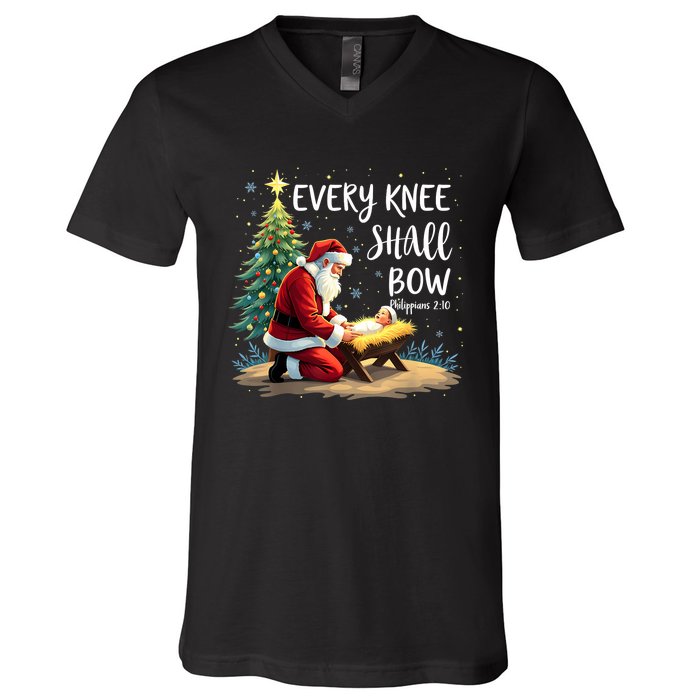 Every Knee Shall Bow Jesus Christian Santa Xmas Christmas V-Neck T-Shirt