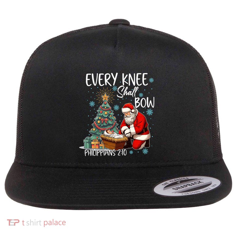 Every Knee Shall Bow Kneeling Santa Jesus Meaningful Gift Flat Bill Trucker Hat