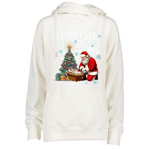 Every Knee Shall Bow Kneeling Santa Jesus Meaningful Gift Womens Funnel Neck Pullover Hood