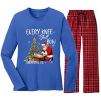 Every Knee Shall Bow Kneeling Santa Jesus Meaningful Gift Women's Long Sleeve Flannel Pajama Set 