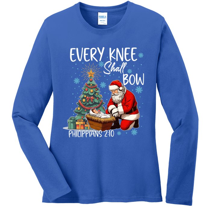 Every Knee Shall Bow Kneeling Santa Jesus Meaningful Gift Ladies Long Sleeve Shirt