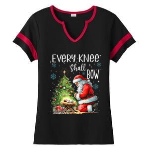 Every Knee Shall Bow Santa Christmas Nativity Scene Xmas Ladies Halftime Notch Neck Tee