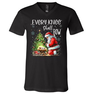 Every Knee Shall Bow Santa Christmas Nativity Scene Xmas V-Neck T-Shirt