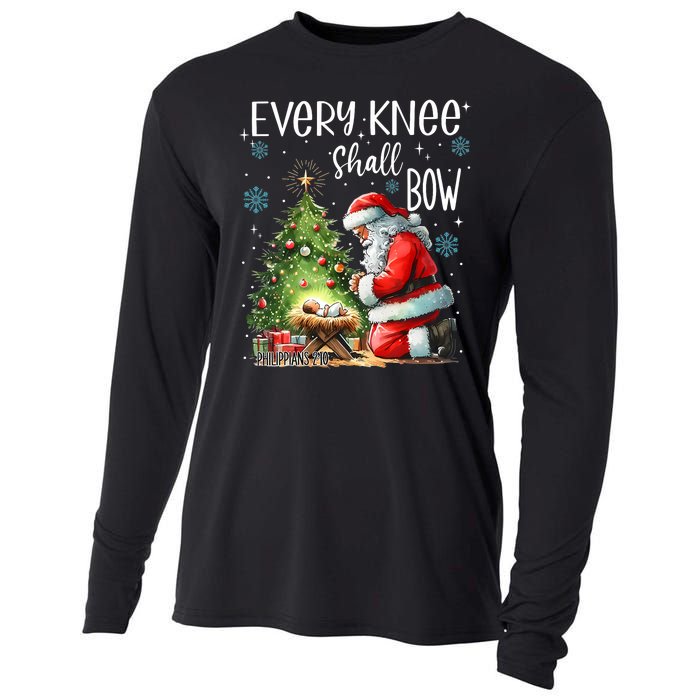 Every Knee Shall Bow Santa Christmas Nativity Scene Xmas Cooling Performance Long Sleeve Crew