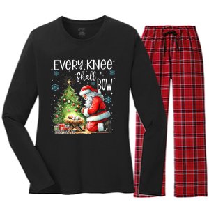 Every Knee Shall Bow Santa Christmas Nativity Scene Xmas Women's Long Sleeve Flannel Pajama Set 