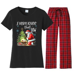 Every Knee Shall Bow Santa Christmas Nativity Scene Xmas Women's Flannel Pajama Set