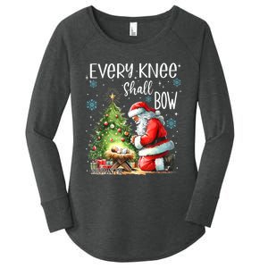 Every Knee Shall Bow Santa Christmas Nativity Scene Xmas Women's Perfect Tri Tunic Long Sleeve Shirt