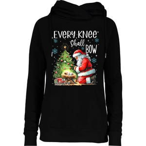 Every Knee Shall Bow Santa Christmas Nativity Scene Xmas Womens Funnel Neck Pullover Hood