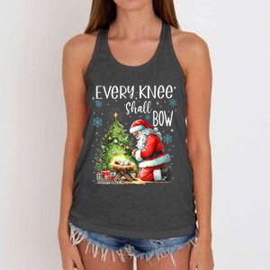 Every Knee Shall Bow Santa Christmas Nativity Scene Xmas Women's Knotted Racerback Tank