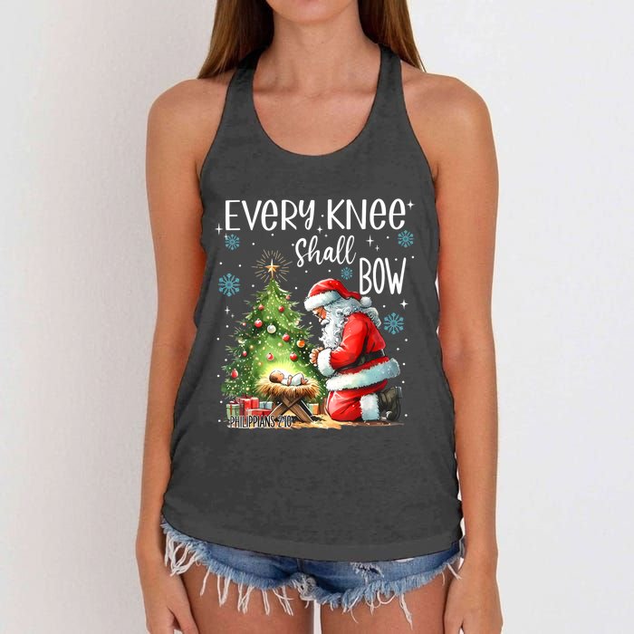 Every Knee Shall Bow Santa Christmas Nativity Scene Xmas Women's Knotted Racerback Tank