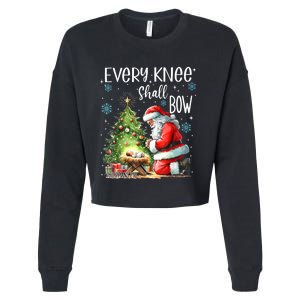 Every Knee Shall Bow Santa Christmas Nativity Scene Xmas Cropped Pullover Crew