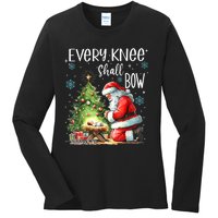 Every Knee Shall Bow Santa Christmas Nativity Scene Xmas Ladies Long Sleeve Shirt