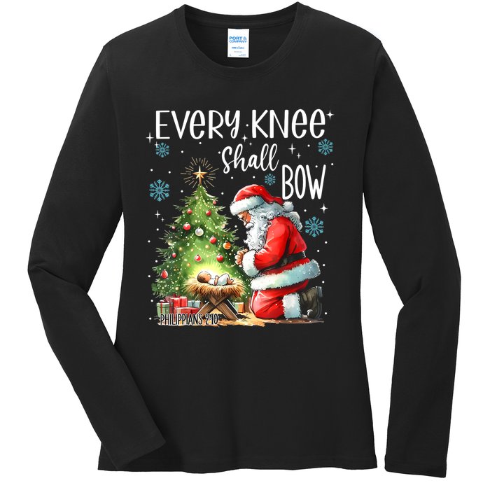 Every Knee Shall Bow Santa Christmas Nativity Scene Xmas Ladies Long Sleeve Shirt