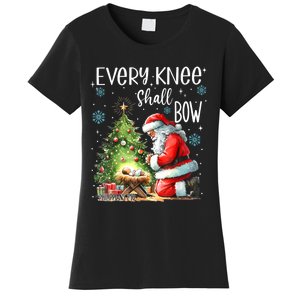 Every Knee Shall Bow Santa Christmas Nativity Scene Xmas Women's T-Shirt