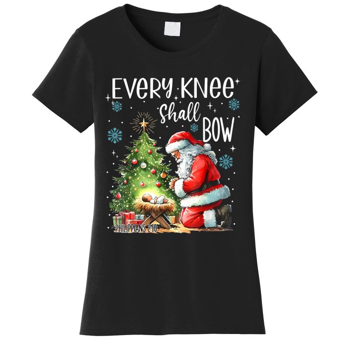 Every Knee Shall Bow Santa Christmas Nativity Scene Xmas Women's T-Shirt