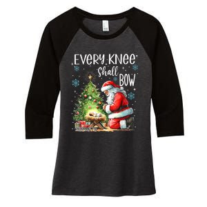 Every Knee Shall Bow Santa Christmas Nativity Scene Xmas Women's Tri-Blend 3/4-Sleeve Raglan Shirt