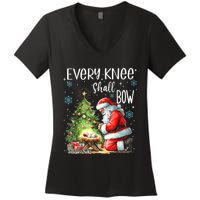 Every Knee Shall Bow Santa Christmas Nativity Scene Xmas Women's V-Neck T-Shirt