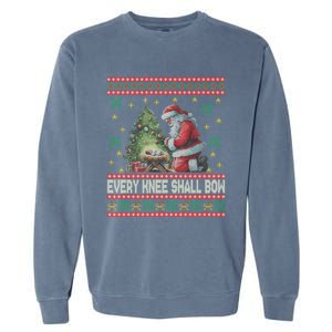 Every Knee Shall Bow Santa Nativity Scene Ugly Christmas Gift Garment-Dyed Sweatshirt