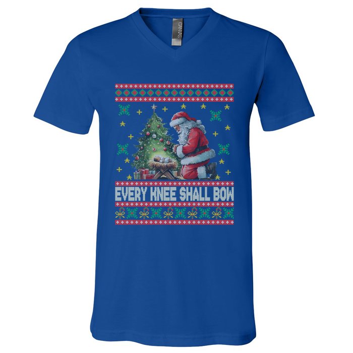 Every Knee Shall Bow Santa Nativity Scene Ugly Christmas Gift V-Neck T-Shirt