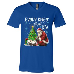 Every Knee Shall Bow Jesus Kneeling Santa Gift V-Neck T-Shirt